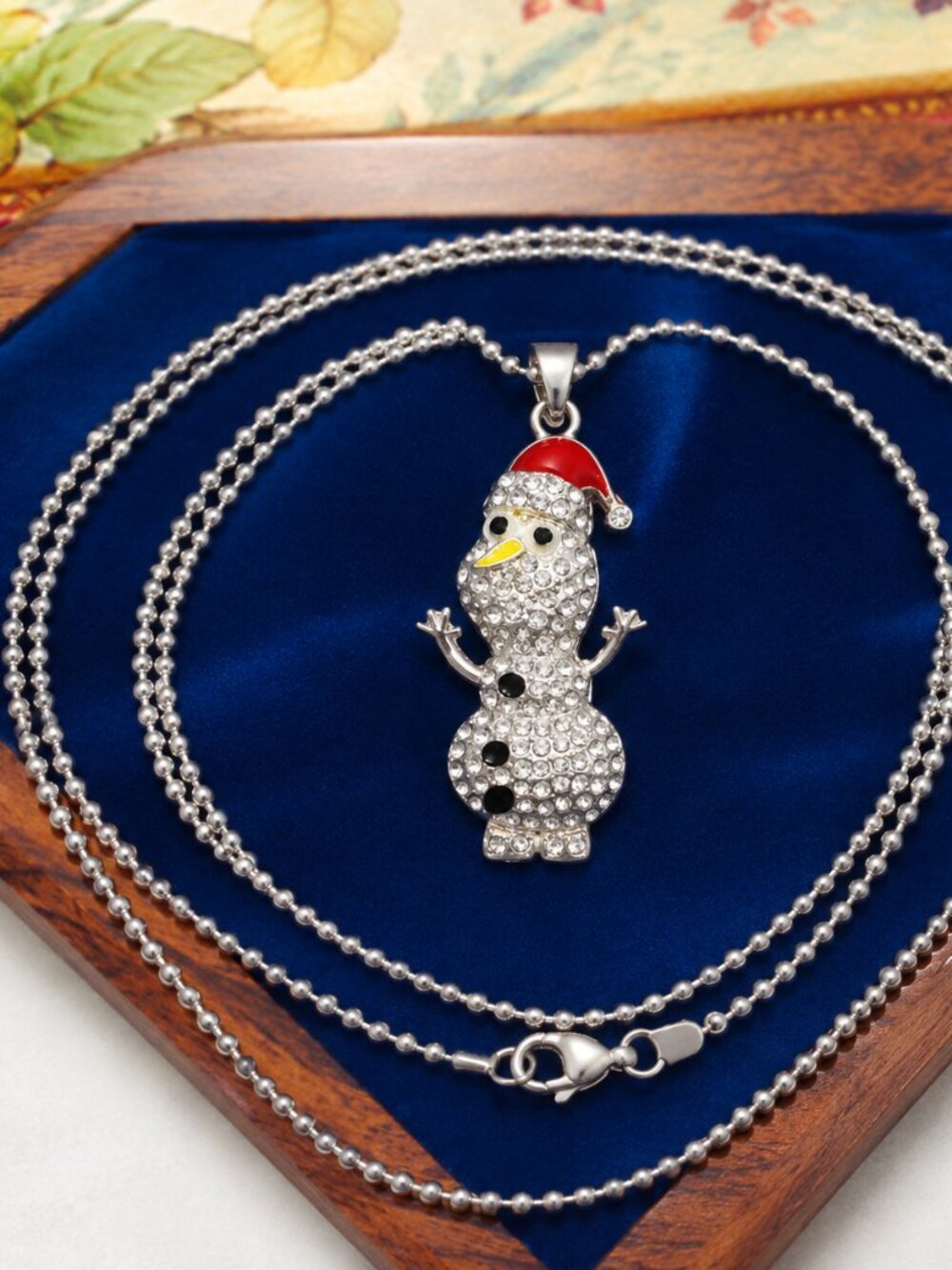 New rhinestone santa Olaf Christmas hat pendant necklace, 17 inch